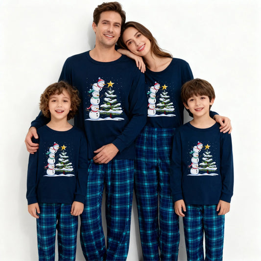 Navy & Sky Blue Plaid Christmas Pajamas Set with Snowman & Christmas Tree Print